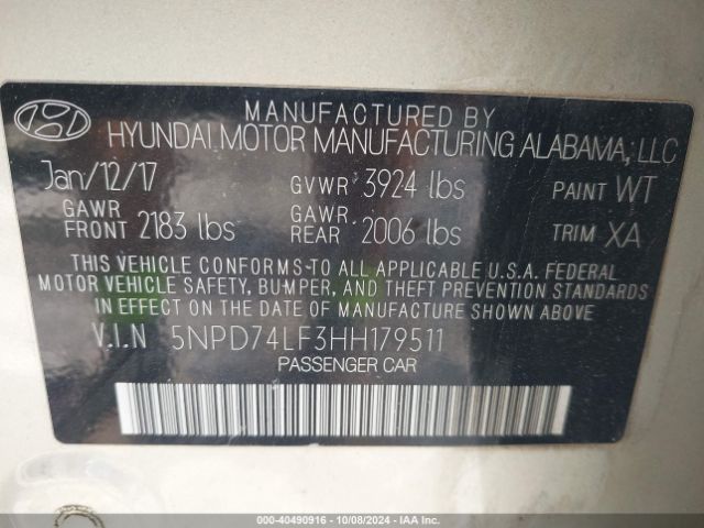 5NPD74LF3HH179511 Hyundai ELANTRA SE