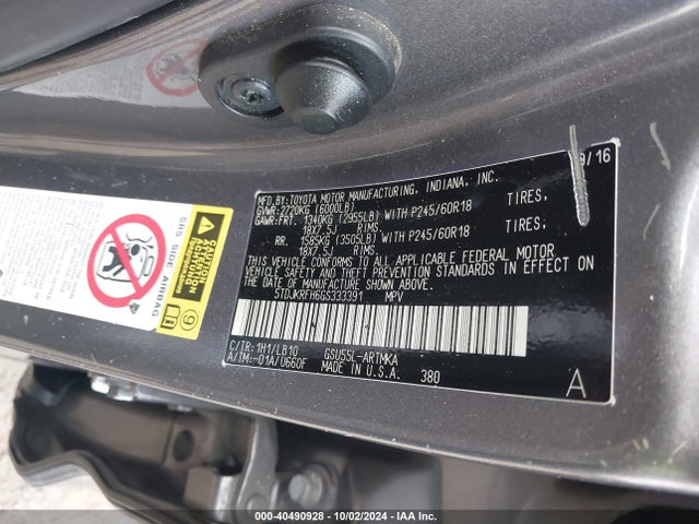 Toyota Highlander Xle V6 2016 5TDJKRFH6GS333391 Image 9
