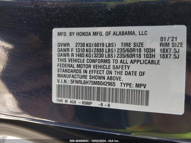 Honda Odyssey Ex-l 2021 5FNRL6H75MB042965 Image 9