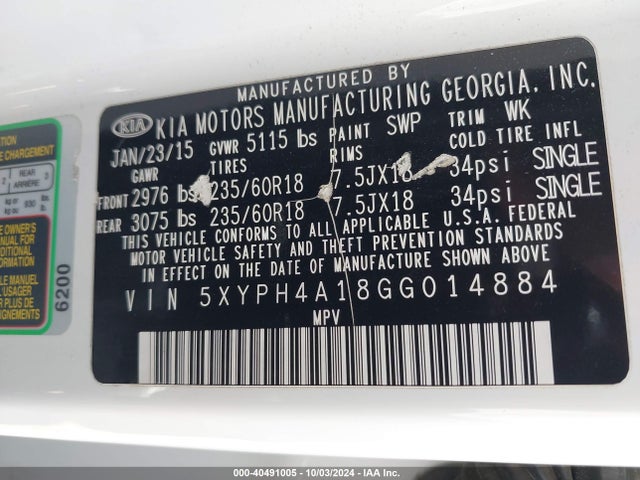KIA Sorento 2.0t Ex 2016 5XYPH4A18GG014884 Image 9