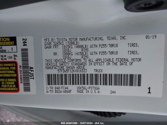 5TFDW5F12KX816523 Toyota Tundra Sr5 5.7l V8