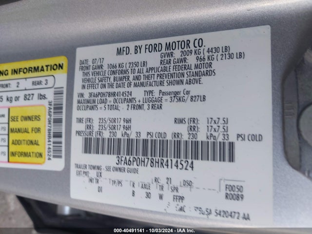 Ford FUSION SE 2017 3FA6P0H78HR414524 Image 9