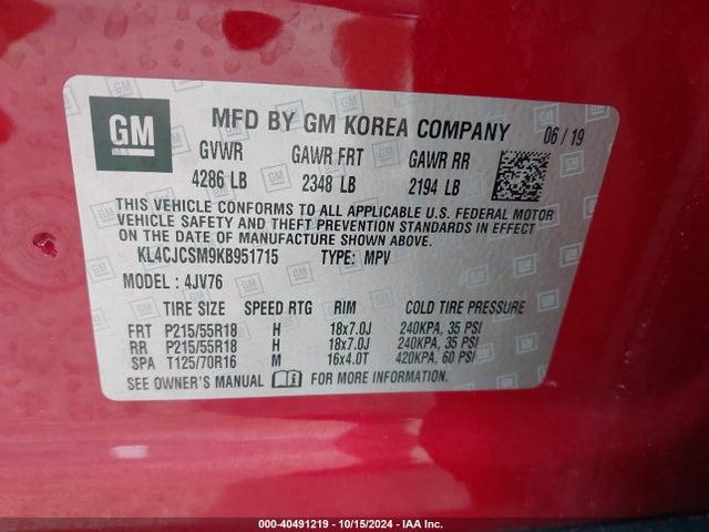 KL4CJCSM9KB951715 Buick Encore Fwd Essence