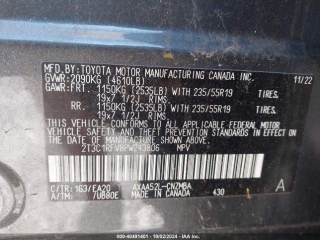 2T3C1RFV8PW243806 Toyota Rav4 Xle Premium