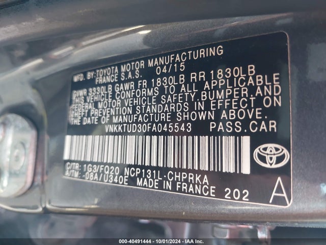 VNKKTUD30FA045543 Toyota YARIS L