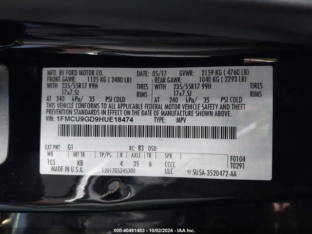 Ford ESCAPE SE 2017 1FMCU9GD9HUE18474 Image 9