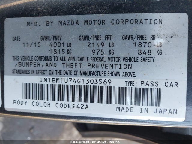 JM1BM1U74G1303569 Mazda Mazda3 I Sport