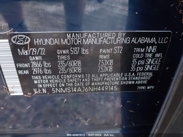 2022 HYUNDAI SANTA FE 5NMS14AJ6NH449145 Photo 8