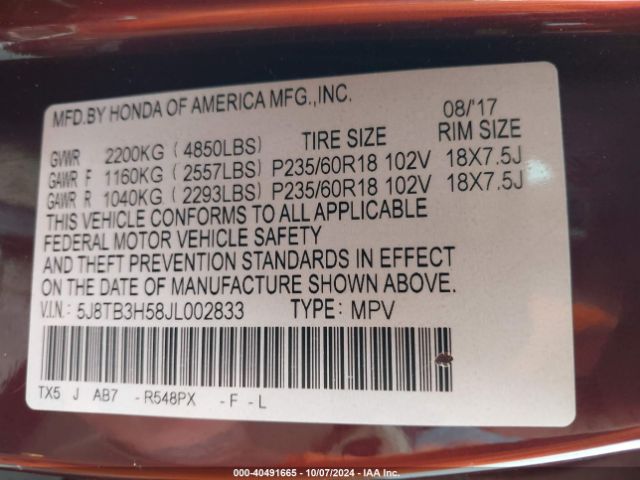 5J8TB3H58JL002833 Acura Rdx Technology   Acurawatch Plus Packages/technology Package