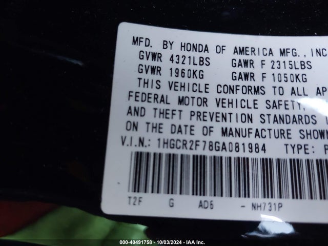 Honda ACCORD EX 2016 1HGCR2F78GA081984 Image 9