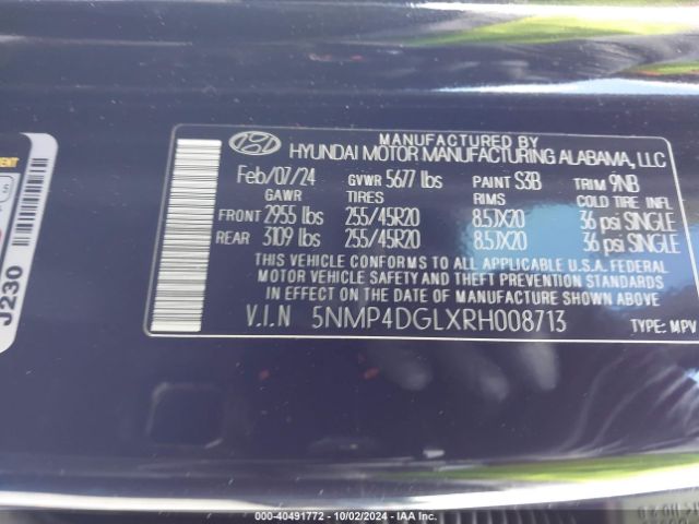 5NMP4DGLXRH008713 Hyundai Santa Fe Limited