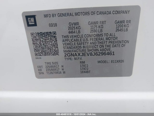 Chevrolet EQUINOX LT 2018 2GNAXJEV8J6296461 Image 9