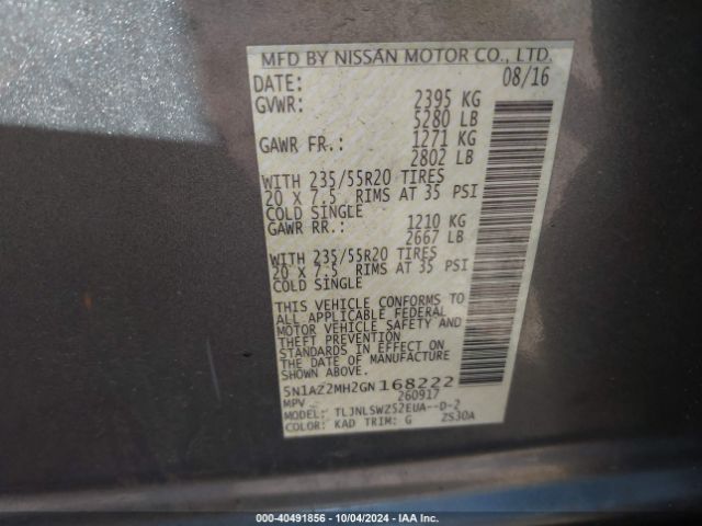 5N1AZ2MH2GN168222 Nissan Murano Platinum
