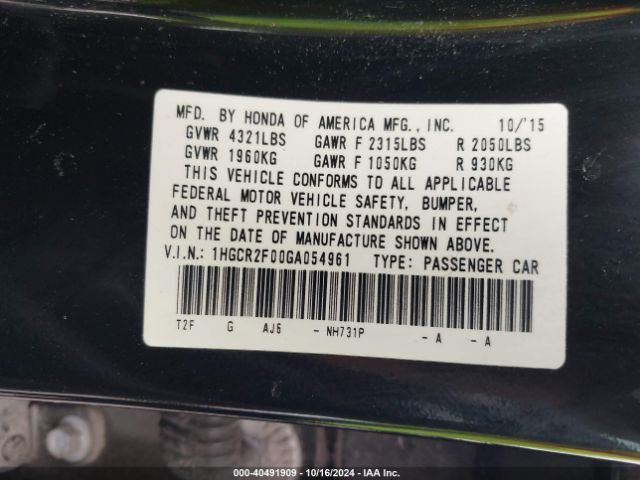 1HGCR2F00GA054961 Honda ACCORD EX