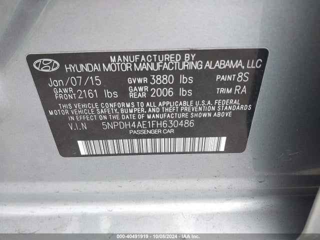 Hyundai ELANTRA SE 2015 5NPDH4AE1FH630486 Image 9