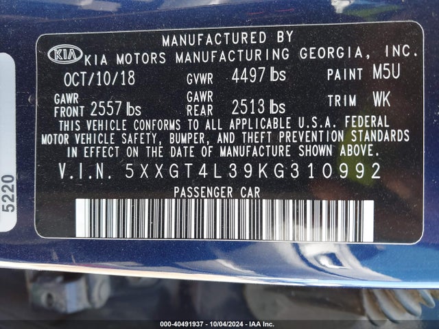 KIA Optima Lx 2019 5XXGT4L39KG310992 Image 9
