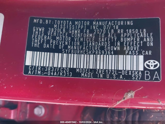 Toyota COROLLA SE 2019 5YFBURHE5KP869364 Image 9