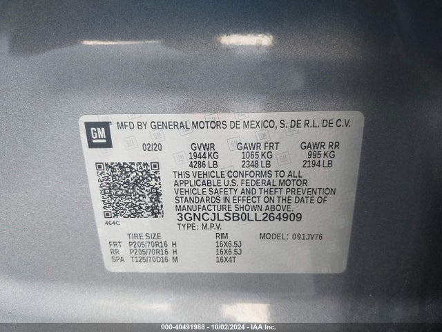 Chevrolet Trax Fwd Lt 2020 3GNCJLSB0LL264909 Image 9