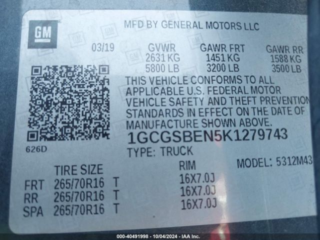 1GCGSBEN5K1279743 Chevrolet Colorado Wt