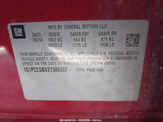 Chevrolet Cruze 1lt Auto 2014 1G1PC5SBXE7386337 Image 9