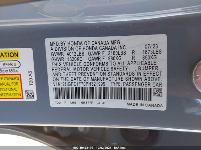 Honda Civic Ex /ex W/o Bsi 2023 2HGFE1F70PH321999 Image 9