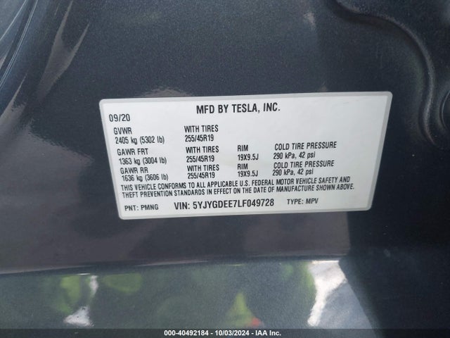 2020 TESLA MODEL Y 5YJYGDEE7LF049728 Photo 8