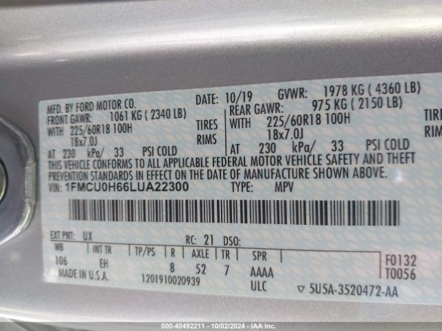 1FMCU0H66LUA22300 Ford ESCAPE SEL