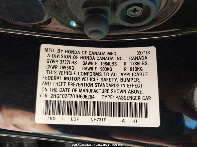 Honda CIVIC EX 2018 2HGFC2F70JH606284 Image 9