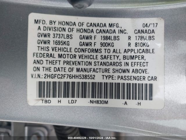 2HGFC2F76HH538552 Honda CIVIC EX