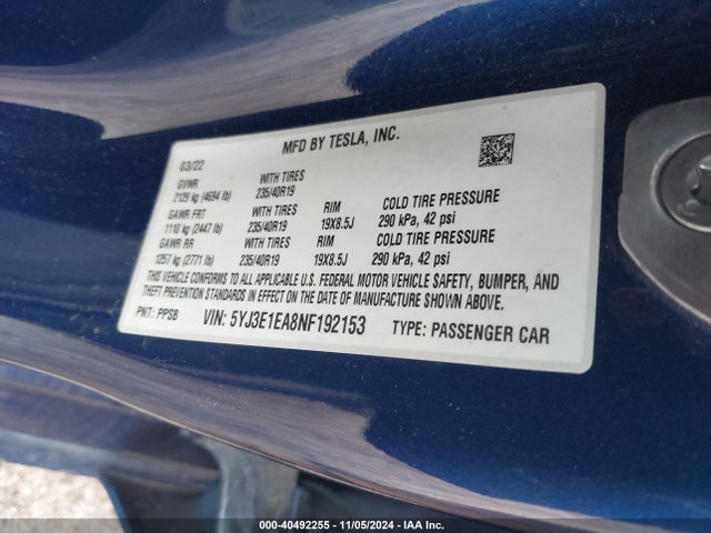 2022 TESLA MODEL 3 5YJ3E1EA8NF192153 Photo 8