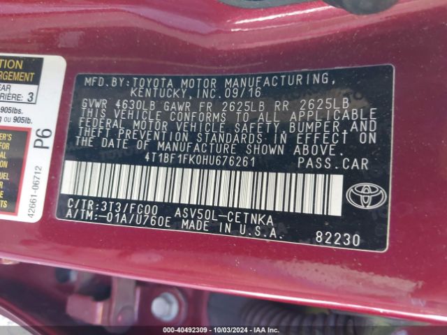4T1BF1FK0HU676261 Toyota CAMRY LE