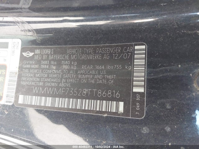 2008 MINI COOPER S WMWMF73528TT86816 Photo 8