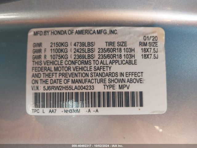 5J6RW2H55LA004233 Honda Cr-v Awd Ex