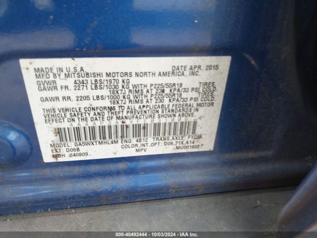 4A4AP3AWXFE031006 Mitsubishi Outlander Sport Es