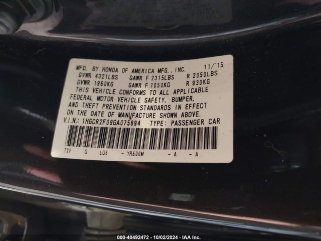 Honda ACCORD EX 2016 1HGCR2F09GA075694 Image 9
