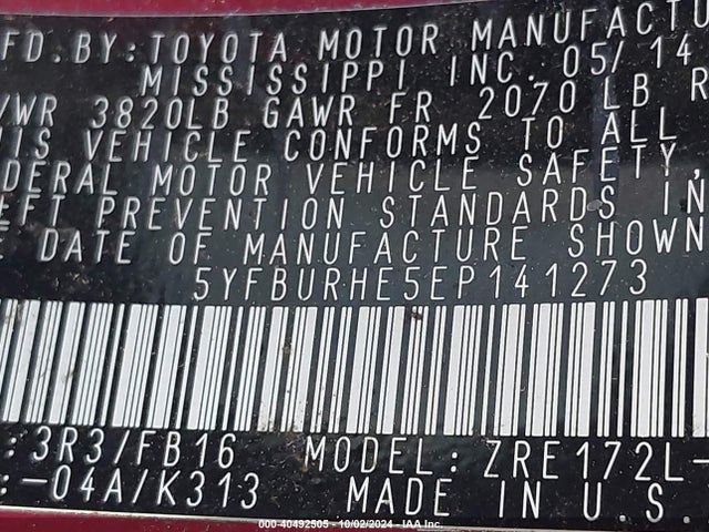Toyota COROLLA LE 2014 5YFBURHE5EP141273 Image 9
