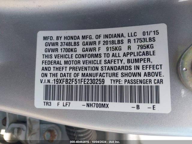 Honda Civic Lx 2015 19XFB2F51FE230259 Image 9