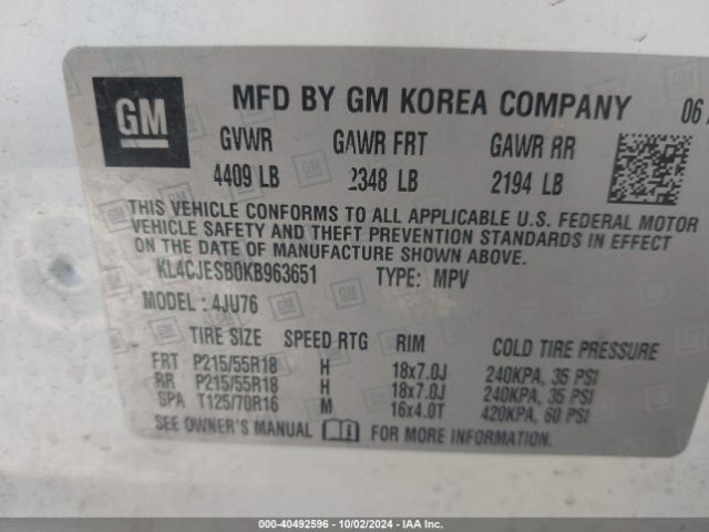 KL4CJESB0KB963651 Buick Encore Awd Preferred