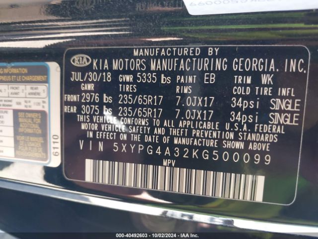 5XYPG4A32KG500099 KIA Sorento 2.4l L