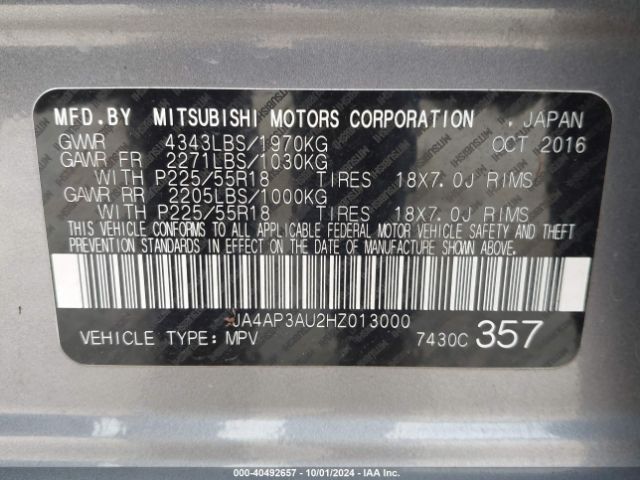 JA4AP3AU2HZ013000 Mitsubishi Outlander Sport 2.0 Es