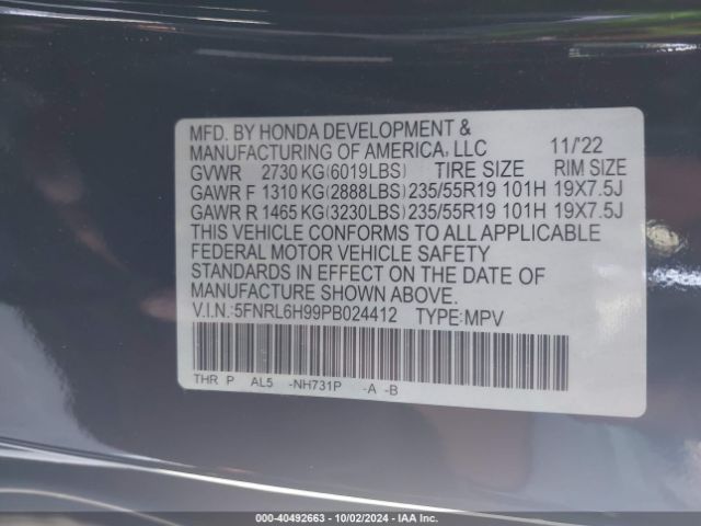 5FNRL6H99PB024412 Honda Odyssey Elite