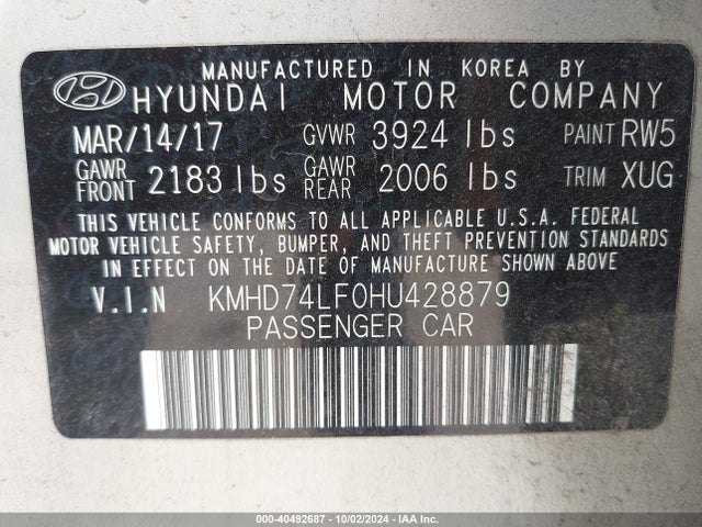 Hyundai ELANTRA SE 2017 KMHD74LF0HU428879 Image 9