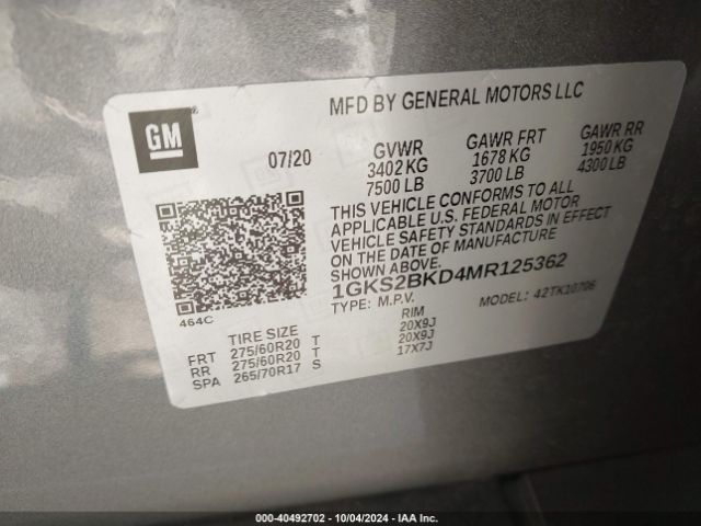 1GKS2BKD4MR125362 GMC Yukon 4wd Slt