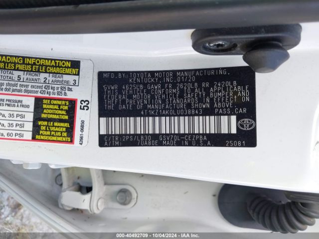 4T1KZ1AK0LU038843 Toyota Camry Xse V6