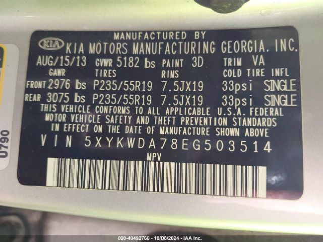 5XYKWDA78EG503514 KIA Sorento Sx V6