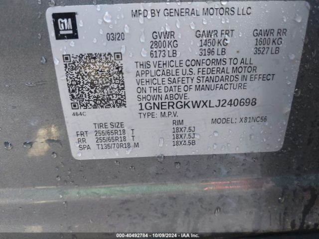 1GNERGKWXLJ240698 Chevrolet Traverse Fwd Lt Cloth