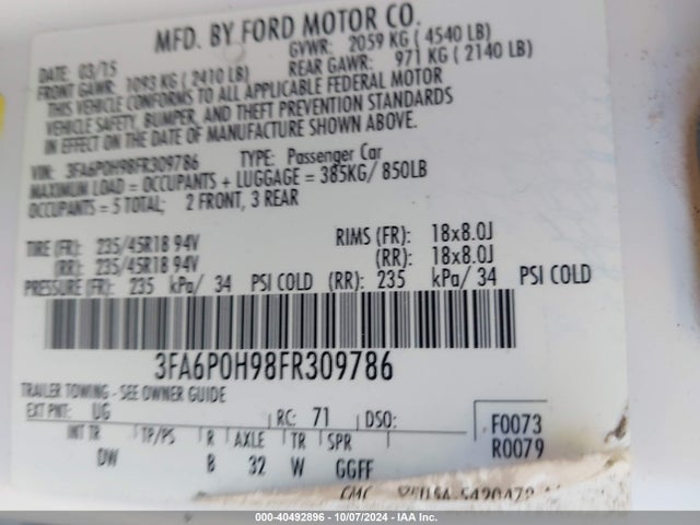 Ford FUSION SE 2015 3FA6P0H98FR309786 Image 9