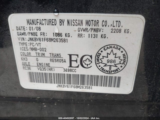 Продажа на аукционе авто 2008 Infiniti G35x, vin: JNKBV61F68M263581, номер лота: 40492897