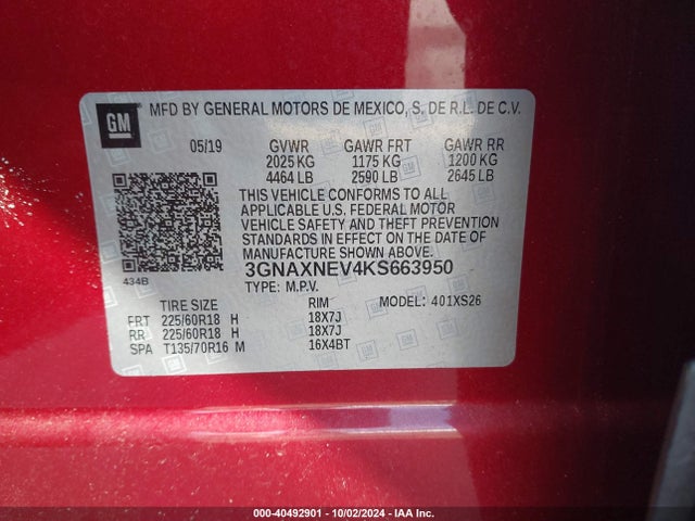 Chevrolet Equinox Premier 2019 3GNAXNEV4KS663950 Image 9