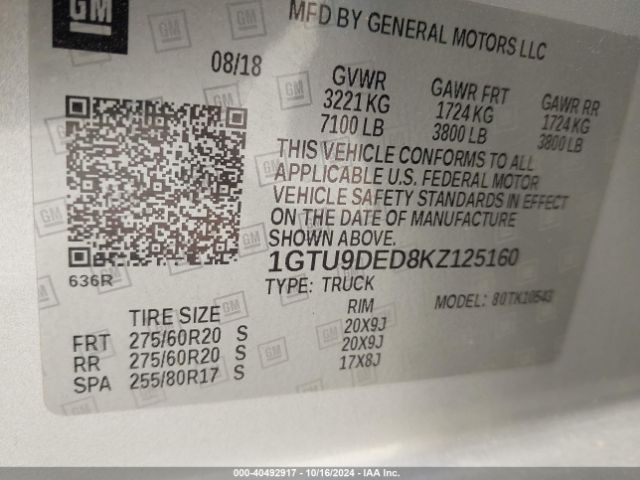 1GTU9DED8KZ125160 GMC Sierra 1500 Slt